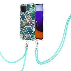 Silicone Candy Rubber Gel Fashionable Pattern Soft Case Cover with Lanyard Strap Y01B for Samsung Galaxy A22 4G Midnight Green