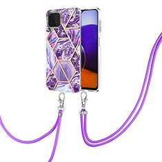 Silicone Candy Rubber Gel Fashionable Pattern Soft Case Cover with Lanyard Strap Y01B for Samsung Galaxy A22 4G Purple