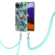 Silicone Candy Rubber Gel Fashionable Pattern Soft Case Cover with Lanyard Strap Y01B for Samsung Galaxy A22 5G Midnight Green