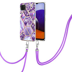 Silicone Candy Rubber Gel Fashionable Pattern Soft Case Cover with Lanyard Strap Y01B for Samsung Galaxy A22 5G Purple