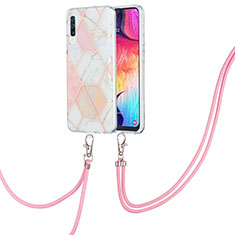 Silicone Candy Rubber Gel Fashionable Pattern Soft Case Cover with Lanyard Strap Y01B for Samsung Galaxy A30S Pink