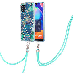 Silicone Candy Rubber Gel Fashionable Pattern Soft Case Cover with Lanyard Strap Y01B for Samsung Galaxy A31 Midnight Green
