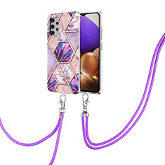 Silicone Candy Rubber Gel Fashionable Pattern Soft Case Cover with Lanyard Strap Y01B for Samsung Galaxy A32 4G Clove Purple