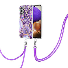 Silicone Candy Rubber Gel Fashionable Pattern Soft Case Cover with Lanyard Strap Y01B for Samsung Galaxy A32 4G Purple