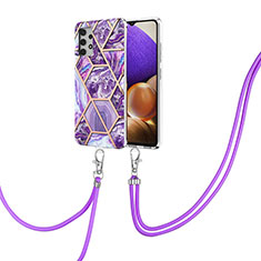 Silicone Candy Rubber Gel Fashionable Pattern Soft Case Cover with Lanyard Strap Y01B for Samsung Galaxy A32 5G Purple