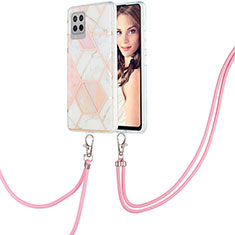 Silicone Candy Rubber Gel Fashionable Pattern Soft Case Cover with Lanyard Strap Y01B for Samsung Galaxy A42 5G Pink