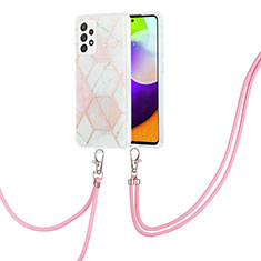 Silicone Candy Rubber Gel Fashionable Pattern Soft Case Cover with Lanyard Strap Y01B for Samsung Galaxy A52 5G Pink