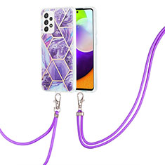 Silicone Candy Rubber Gel Fashionable Pattern Soft Case Cover with Lanyard Strap Y01B for Samsung Galaxy A52 5G Purple