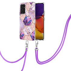 Silicone Candy Rubber Gel Fashionable Pattern Soft Case Cover with Lanyard Strap Y01B for Samsung Galaxy A54 5G Clove Purple