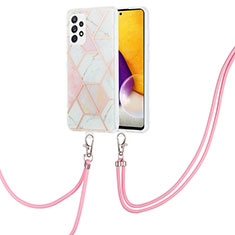 Silicone Candy Rubber Gel Fashionable Pattern Soft Case Cover with Lanyard Strap Y01B for Samsung Galaxy A72 4G Pink