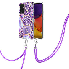 Silicone Candy Rubber Gel Fashionable Pattern Soft Case Cover with Lanyard Strap Y01B for Samsung Galaxy A82 5G Purple