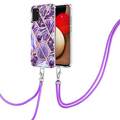 Silicone Candy Rubber Gel Fashionable Pattern Soft Case Cover with Lanyard Strap Y01B for Samsung Galaxy F02S SM-E025F Purple