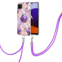 Silicone Candy Rubber Gel Fashionable Pattern Soft Case Cover with Lanyard Strap Y01B for Samsung Galaxy F42 5G Clove Purple