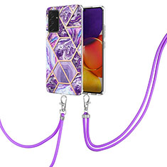 Silicone Candy Rubber Gel Fashionable Pattern Soft Case Cover with Lanyard Strap Y01B for Samsung Galaxy M14 5G Purple