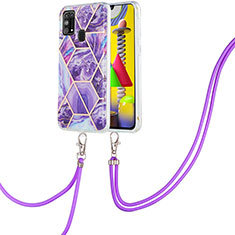 Silicone Candy Rubber Gel Fashionable Pattern Soft Case Cover with Lanyard Strap Y01B for Samsung Galaxy M31 Prime Edition Purple
