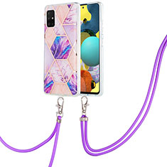 Silicone Candy Rubber Gel Fashionable Pattern Soft Case Cover with Lanyard Strap Y01B for Samsung Galaxy M40S Clove Purple