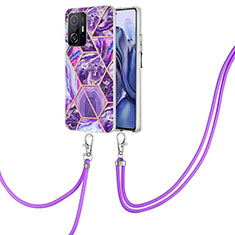 Silicone Candy Rubber Gel Fashionable Pattern Soft Case Cover with Lanyard Strap Y01B for Xiaomi Mi 11T 5G Purple