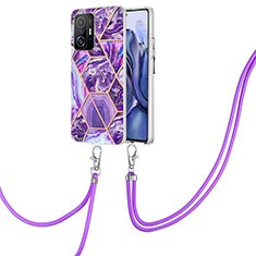 Silicone Candy Rubber Gel Fashionable Pattern Soft Case Cover with Lanyard Strap Y01B for Xiaomi Mi 11T Pro 5G Purple