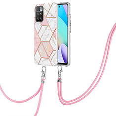 Silicone Candy Rubber Gel Fashionable Pattern Soft Case Cover with Lanyard Strap Y01B for Xiaomi Redmi 10 4G Pink