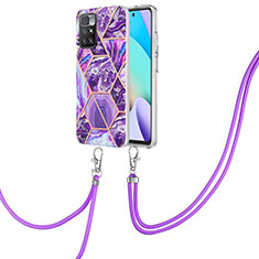 Silicone Candy Rubber Gel Fashionable Pattern Soft Case Cover with Lanyard Strap Y01B for Xiaomi Redmi 10 4G Purple