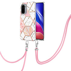 Silicone Candy Rubber Gel Fashionable Pattern Soft Case Cover with Lanyard Strap Y01B for Xiaomi Redmi K40 5G Pink