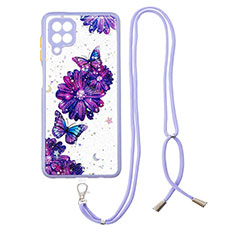 Silicone Candy Rubber Gel Fashionable Pattern Soft Case Cover with Lanyard Strap Y01X for Samsung Galaxy A12 Nacho Purple