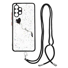 Silicone Candy Rubber Gel Fashionable Pattern Soft Case Cover with Lanyard Strap Y01X for Samsung Galaxy A32 4G Black