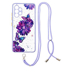 Silicone Candy Rubber Gel Fashionable Pattern Soft Case Cover with Lanyard Strap Y01X for Samsung Galaxy A32 4G Purple
