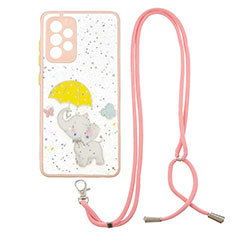 Silicone Candy Rubber Gel Fashionable Pattern Soft Case Cover with Lanyard Strap Y01X for Samsung Galaxy A52 4G Yellow