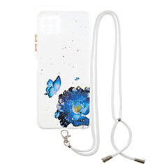 Silicone Candy Rubber Gel Fashionable Pattern Soft Case Cover with Lanyard Strap Y01X for Samsung Galaxy F42 5G Blue