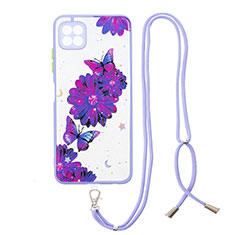 Silicone Candy Rubber Gel Fashionable Pattern Soft Case Cover with Lanyard Strap Y01X for Samsung Galaxy F42 5G Purple