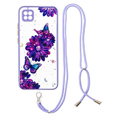 Silicone Candy Rubber Gel Fashionable Pattern Soft Case Cover with Lanyard Strap Y01X for Xiaomi POCO C3 Purple