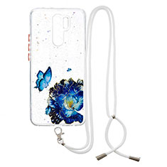 Silicone Candy Rubber Gel Fashionable Pattern Soft Case Cover with Lanyard Strap Y01X for Xiaomi Poco M2 Blue