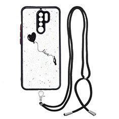 Silicone Candy Rubber Gel Fashionable Pattern Soft Case Cover with Lanyard Strap Y01X for Xiaomi Redmi 9 Black