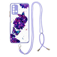 Silicone Candy Rubber Gel Fashionable Pattern Soft Case Cover with Lanyard Strap Y01X for Xiaomi Redmi 9 Power Purple