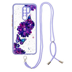 Silicone Candy Rubber Gel Fashionable Pattern Soft Case Cover with Lanyard Strap Y01X for Xiaomi Redmi 9 Prime India Purple