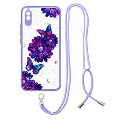 Silicone Candy Rubber Gel Fashionable Pattern Soft Case Cover with Lanyard Strap Y01X for Xiaomi Redmi 9i Purple