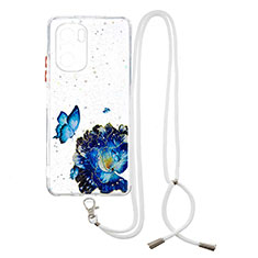 Silicone Candy Rubber Gel Fashionable Pattern Soft Case Cover with Lanyard Strap Y01X for Xiaomi Redmi K40 5G Blue