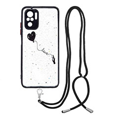 Silicone Candy Rubber Gel Fashionable Pattern Soft Case Cover with Lanyard Strap Y01X for Xiaomi Redmi Note 10 4G Black