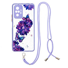 Silicone Candy Rubber Gel Fashionable Pattern Soft Case Cover with Lanyard Strap Y01X for Xiaomi Redmi Note 10 Pro 4G Purple