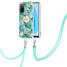 Silicone Candy Rubber Gel Fashionable Pattern Soft Case Cover with Lanyard Strap Y02B for Oppo A55 5G Green