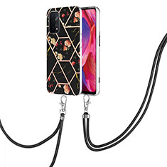 Silicone Candy Rubber Gel Fashionable Pattern Soft Case Cover with Lanyard Strap Y02B for Oppo A74 5G Black