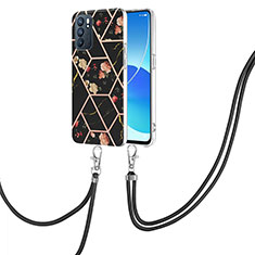 Silicone Candy Rubber Gel Fashionable Pattern Soft Case Cover with Lanyard Strap Y02B for Oppo Reno6 5G Black