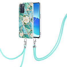 Silicone Candy Rubber Gel Fashionable Pattern Soft Case Cover with Lanyard Strap Y02B for Oppo Reno6 5G Green