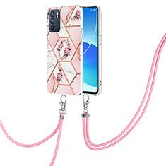 Silicone Candy Rubber Gel Fashionable Pattern Soft Case Cover with Lanyard Strap Y02B for Oppo Reno6 5G Pink