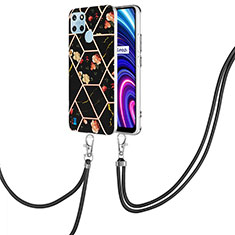 Silicone Candy Rubber Gel Fashionable Pattern Soft Case Cover with Lanyard Strap Y02B for Realme C21Y Black