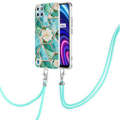 Silicone Candy Rubber Gel Fashionable Pattern Soft Case Cover with Lanyard Strap Y02B for Realme C25Y India Green