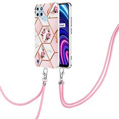 Silicone Candy Rubber Gel Fashionable Pattern Soft Case Cover with Lanyard Strap Y02B for Realme C25Y Pink