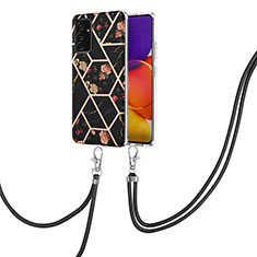 Silicone Candy Rubber Gel Fashionable Pattern Soft Case Cover with Lanyard Strap Y02B for Samsung Galaxy A05s Black