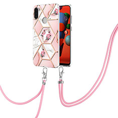 Silicone Candy Rubber Gel Fashionable Pattern Soft Case Cover with Lanyard Strap Y02B for Samsung Galaxy A11 Pink